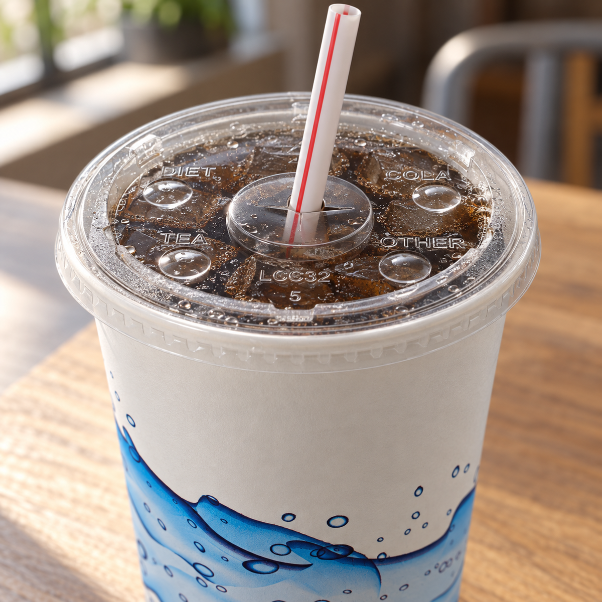 Empress ECCFLID-32 clear lid on a 32 oz paper cold cup with straw; cup and straw sold separately