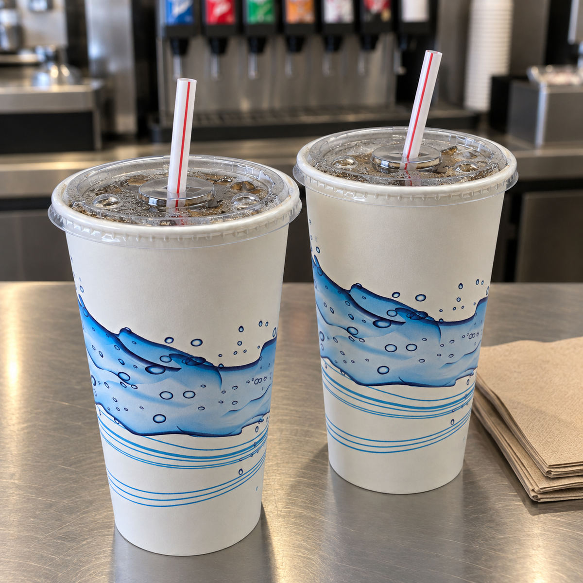Empress ECCFLID-32 lids on paper cold cups at a restaurant beverage counter; cups and straws sold separately