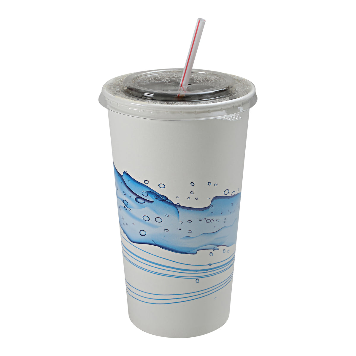 Empress ECCFLID-44 clear lid fitted to a 44 oz Cool Wave paper cup; cup and straw sold separately