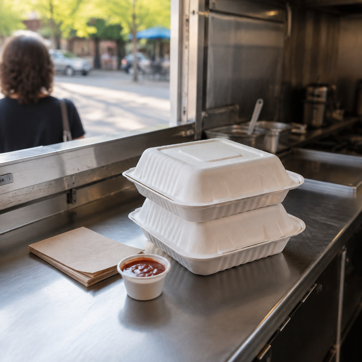 Empress natural white bagasse containers staged inside a food truck