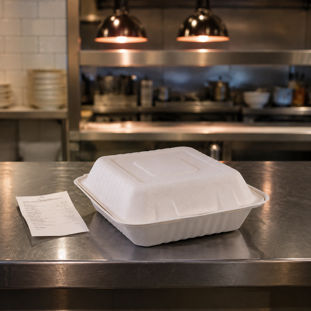 Closed Empress molded fiber takeout container at a restaurant pickup counter