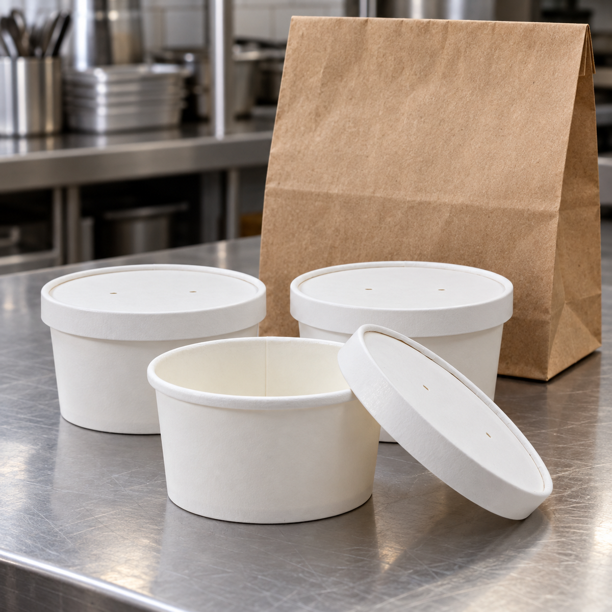 Empress EFC-8-COMBO white paper containers with vented lids on a restaurant takeout packing counter
