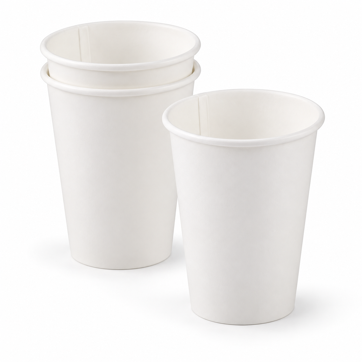 Empress EHC12-W 12 oz white paper hot cups showing the rolled rim and nested stack