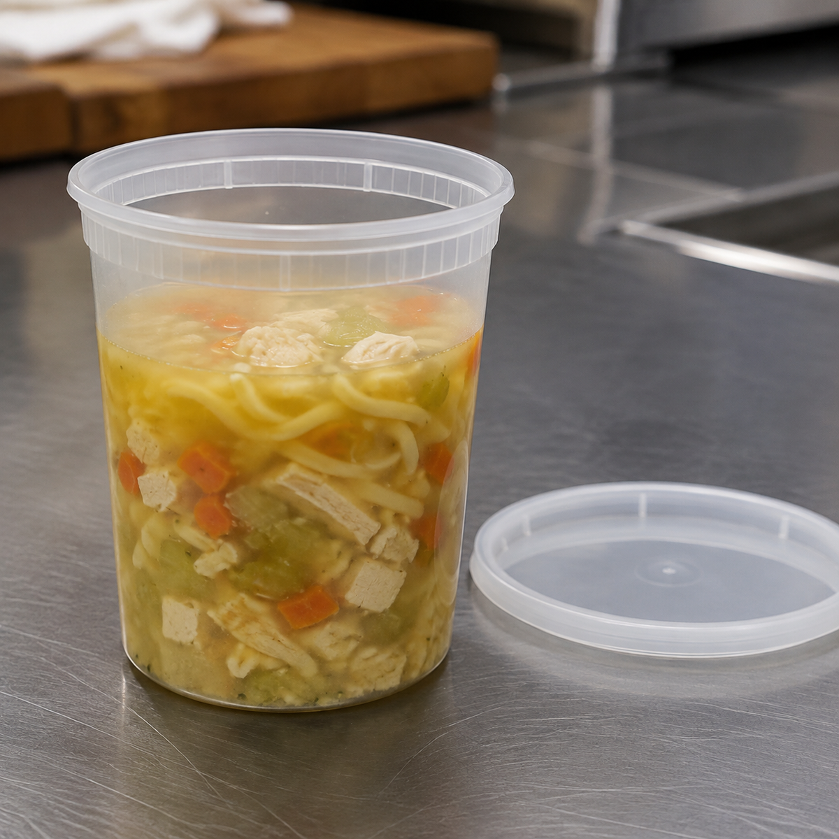 Empress 32 oz clear deli container filled with chicken noodle soup beside matching lid