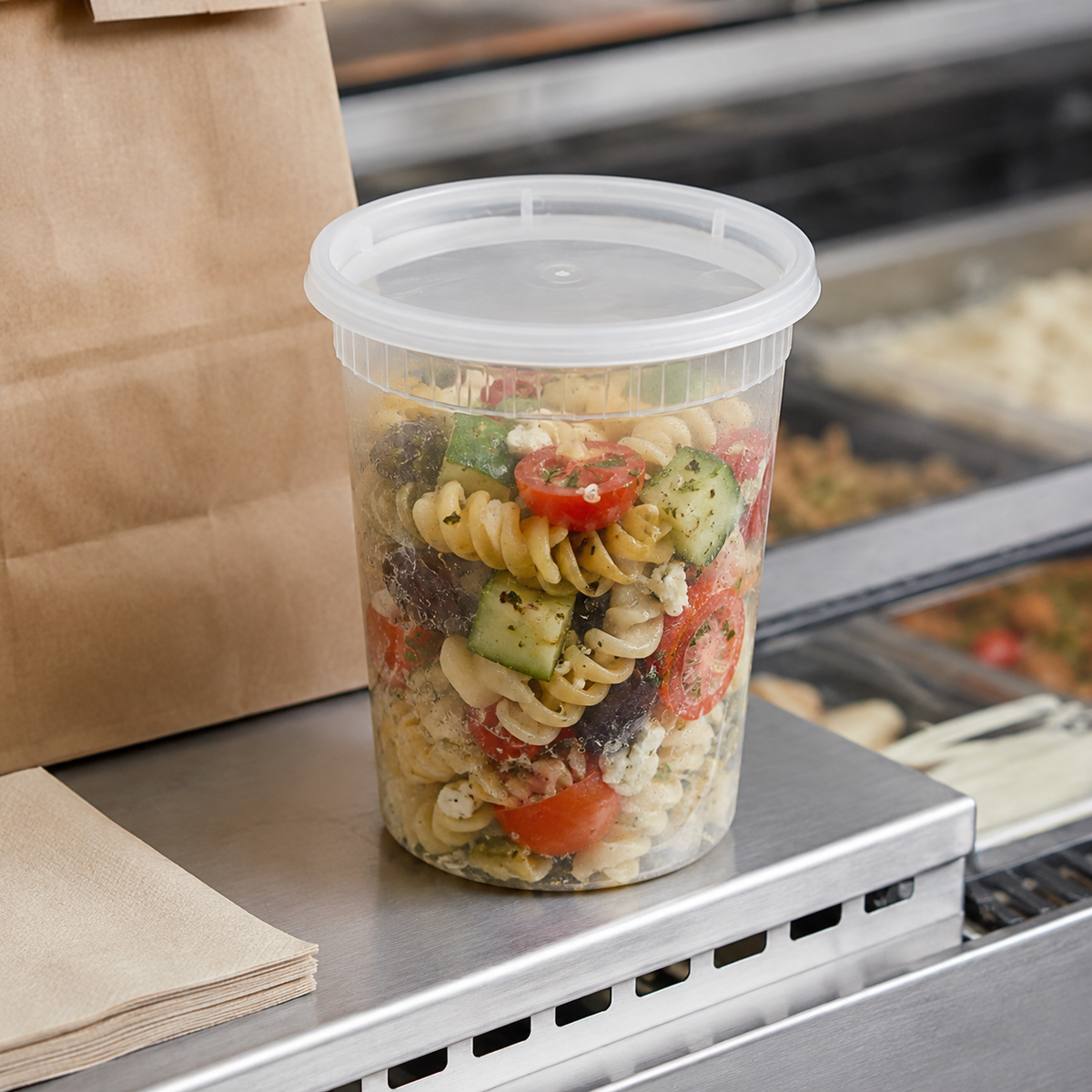 Lidded Empress 32 oz clear polypropylene container with pasta salad at a deli counter
