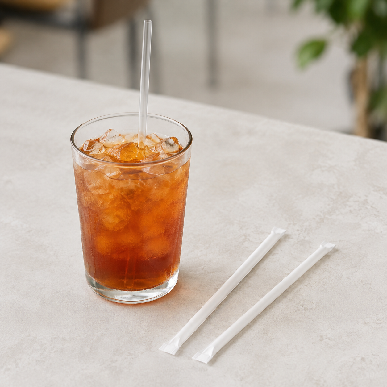 Empress 7.75-inch clear jumbo straw in iced tea beside individually wrapped straws; serving illustration