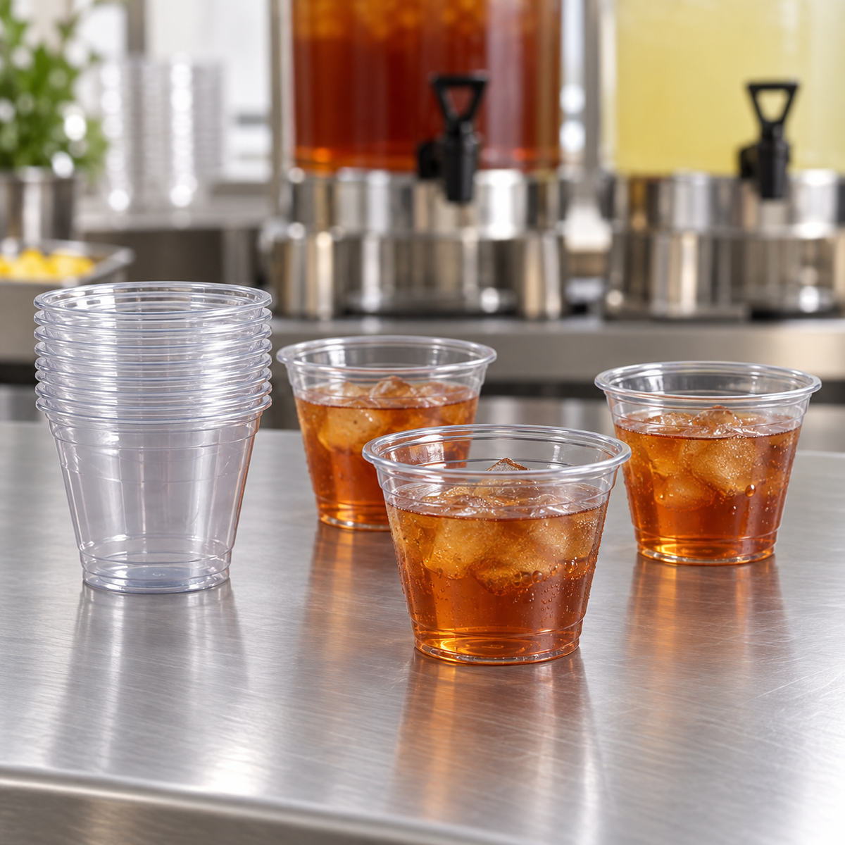 AI-assisted catering serving suggestion with Empress EPET09 9 oz clear PET cups; drinks and dispensers not included