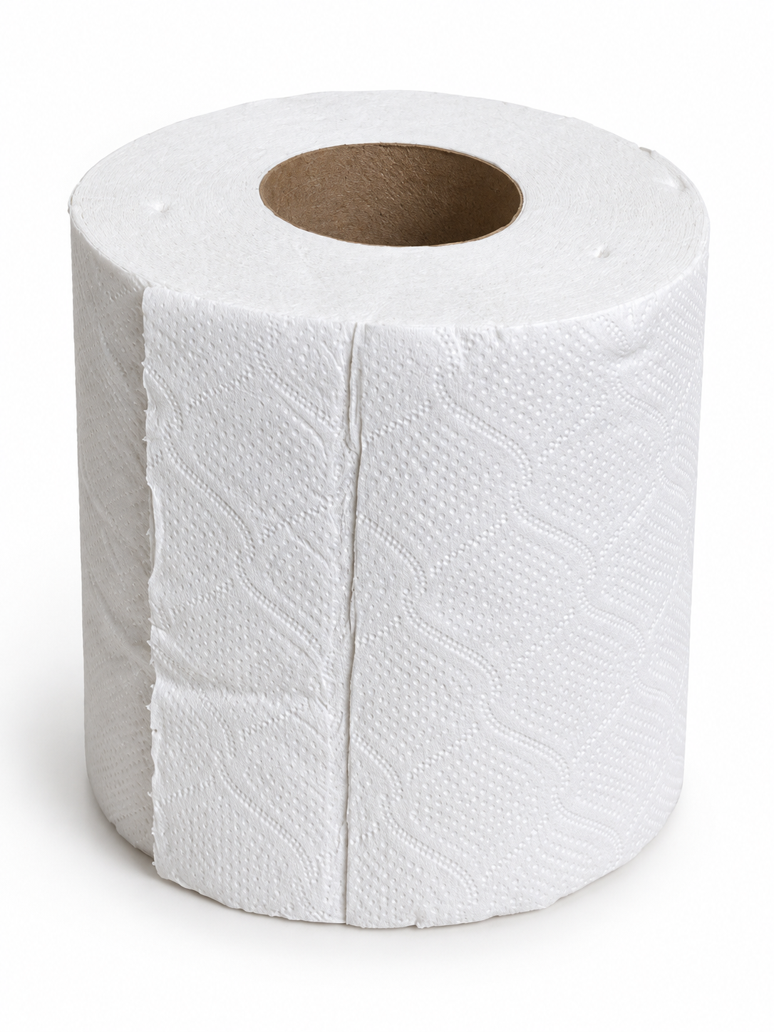 Everest Pro Signature 96420 unwrapped white bathroom tissue roll showing embossed texture and cardboard core; AI-assisted reference image