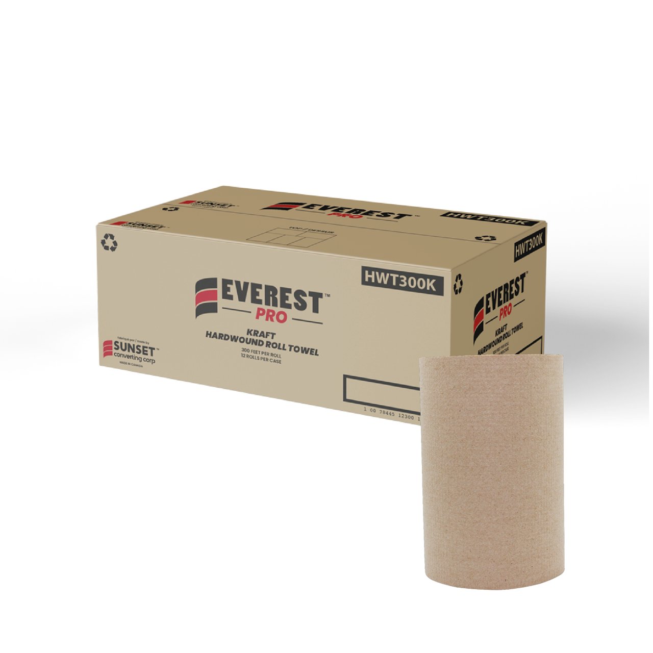 Everest Pro HWT300K natural kraft hardwound paper towel roll and manufacturer carton, 300 ft per roll, 12 rolls per case