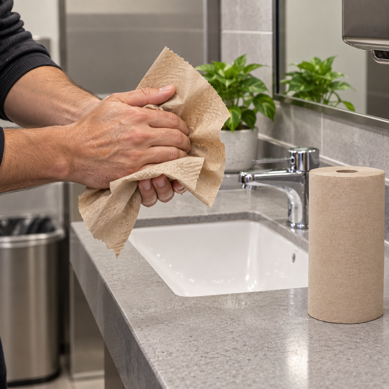 AI-assisted hand-drying scene with natural kraft paper towels; props not included