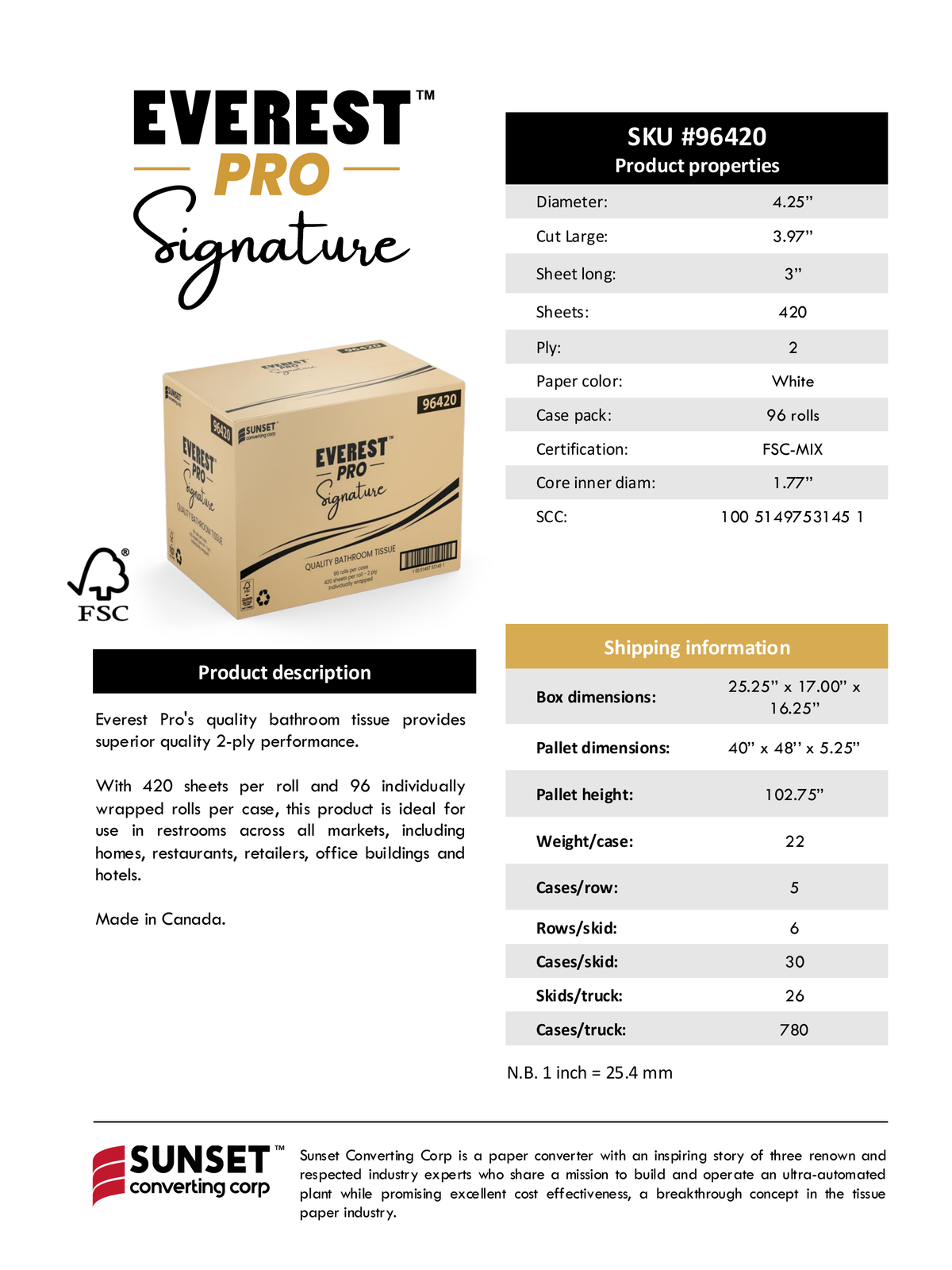 Manufacturer technical specifications for Everest Pro Signature 96420 bathroom tissue