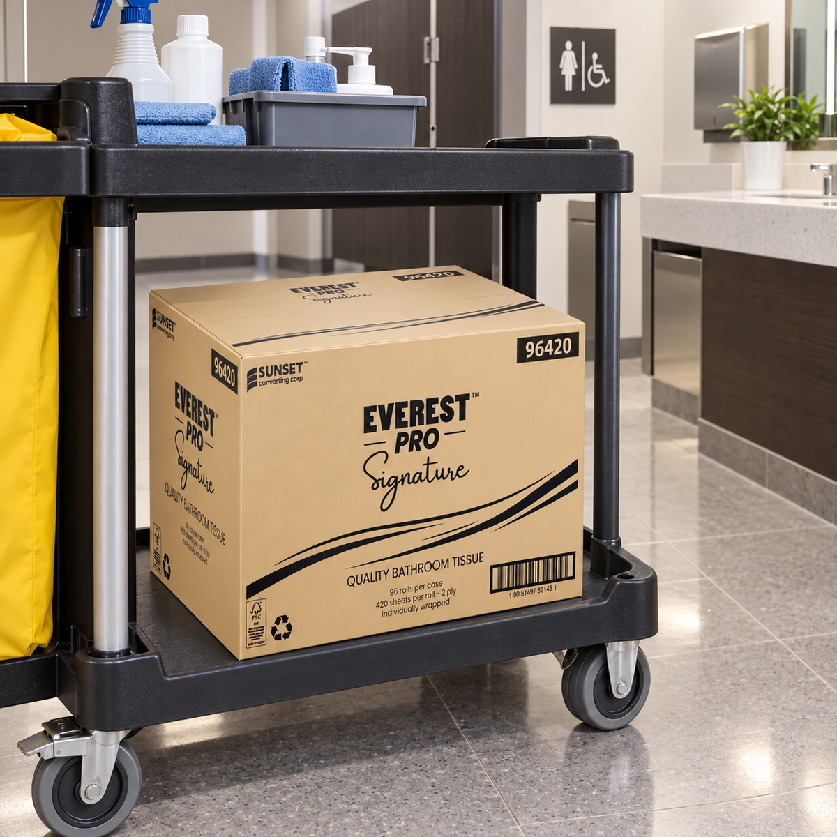Everest Pro Signature 96420 bathroom tissue case on a restroom restocking cart, AI-assisted setting