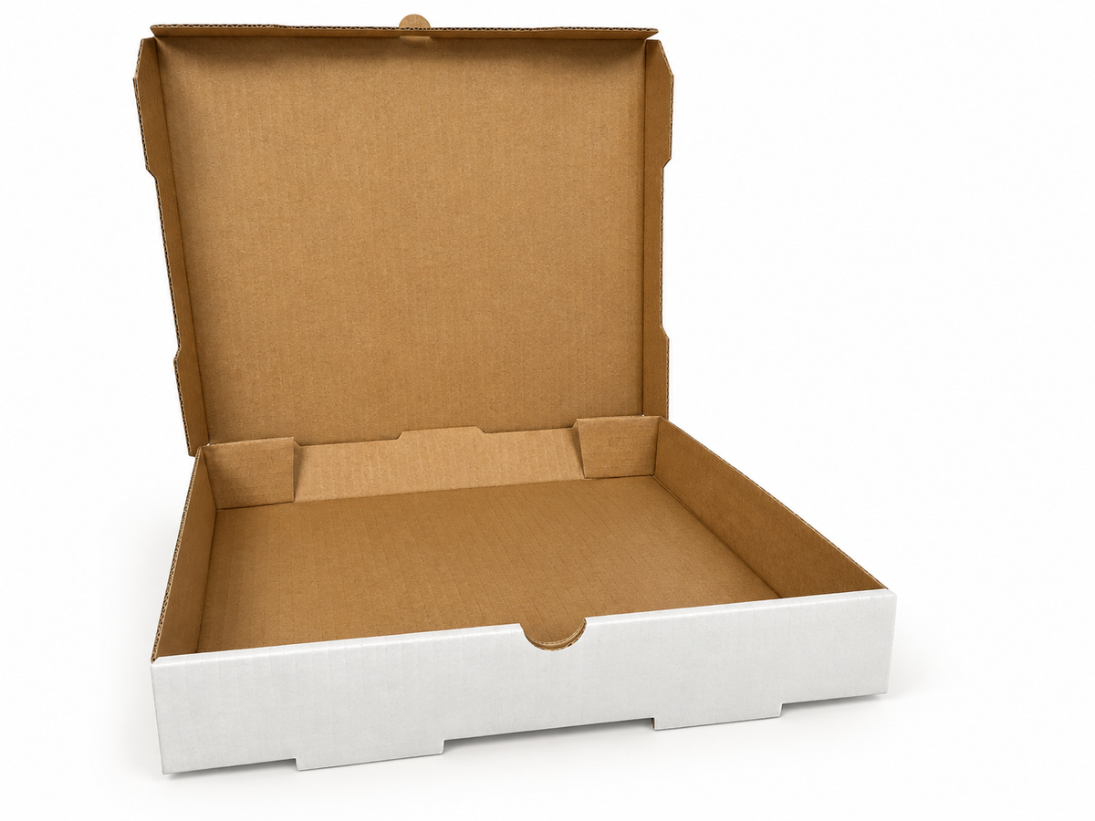 Generic 12 inch white B-flute pizza box showing kraft interior and attached lid