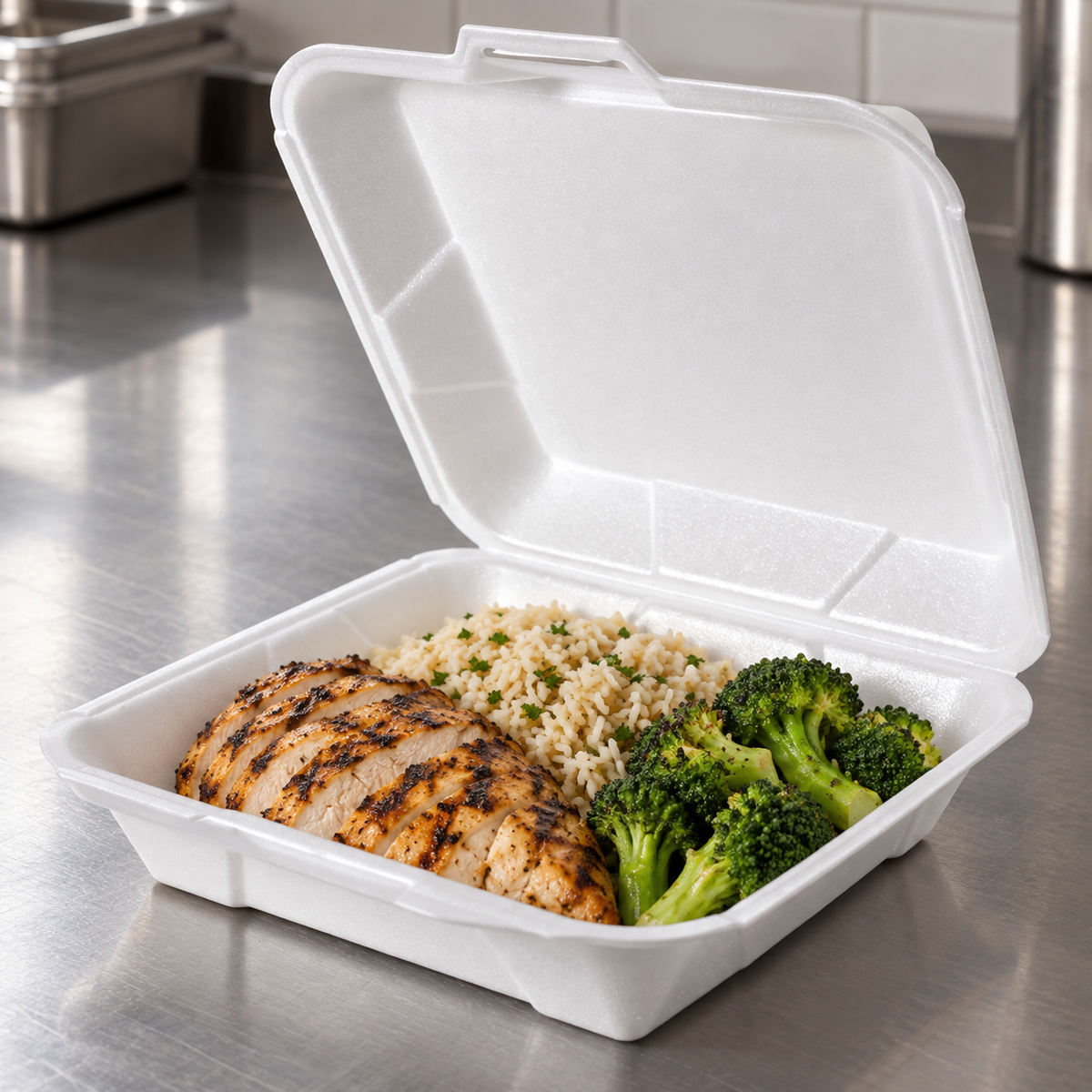 Genpak 25000 white foam container with chicken, rice and broccoli; serving illustration, food not included