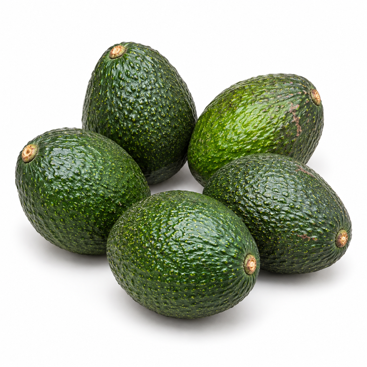 Whole green unripe avocados showing pebbled skins, from a 60-count case; AI-assisted image