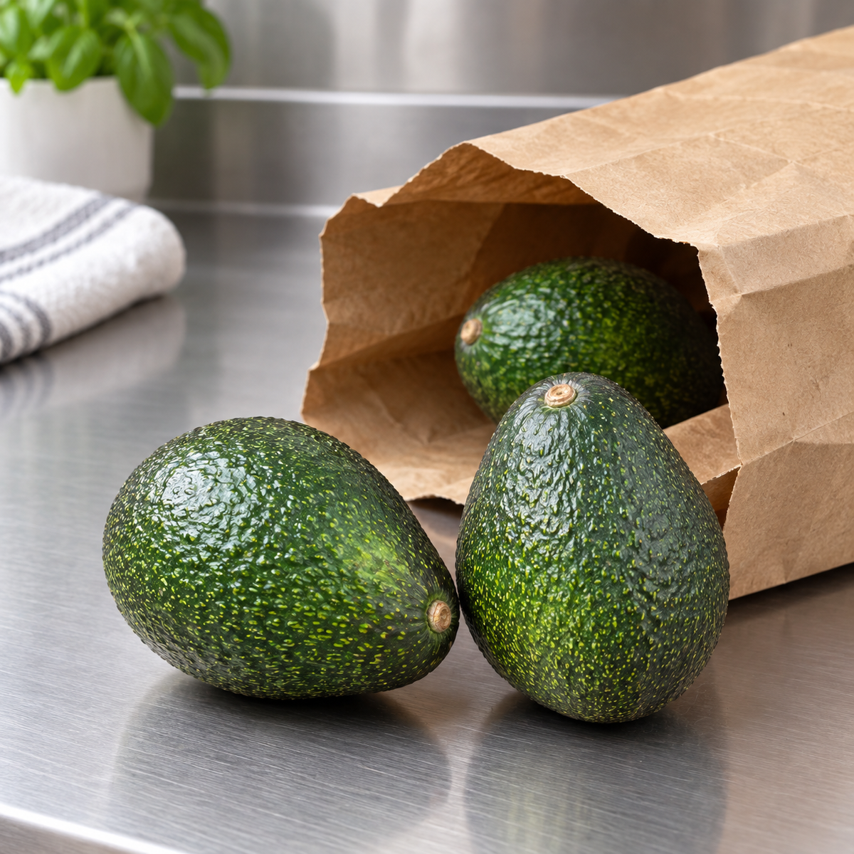 Unripe green avocados beside a paper bag for ripening; AI-assisted handling illustration