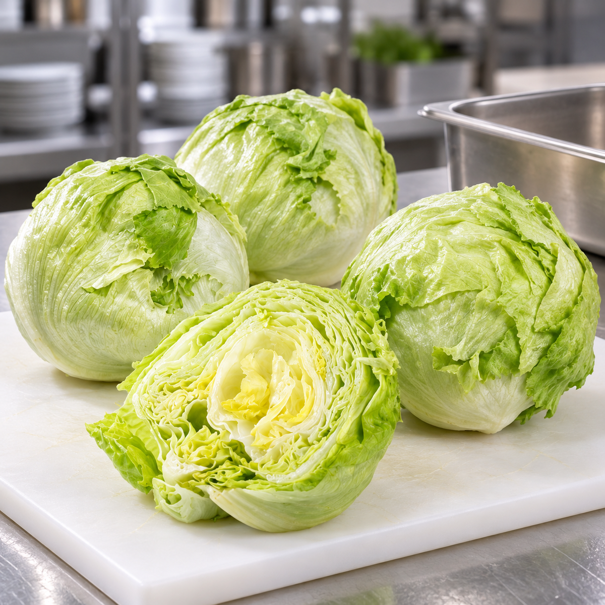 Whole and halved iceberg lettuce on a preparation board in a commercial kitchen