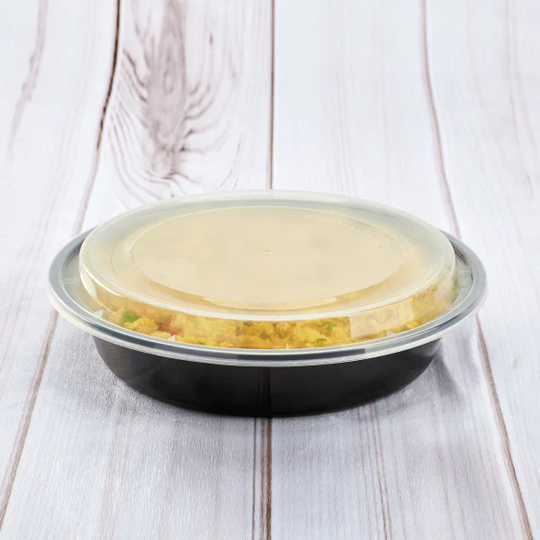 Karat 48 oz PP Plastic Microwavable Round Food Containers & Lids Black | 150/Case
