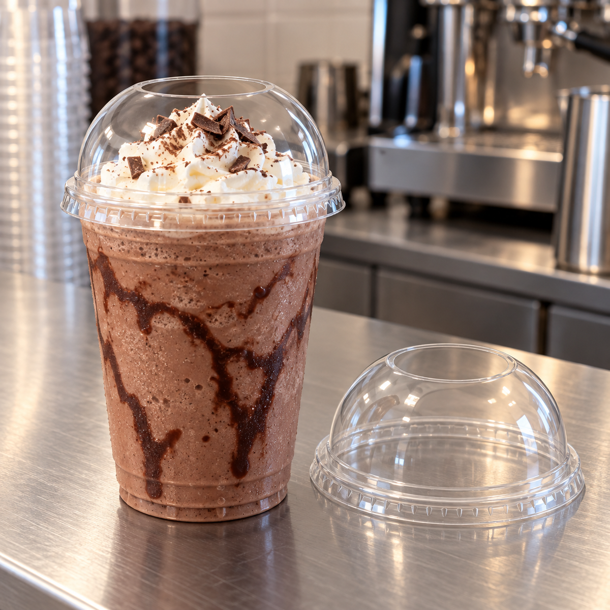 Jovials JVLID-DWH98 clear wide-hole PET dome lid at a café counter with a milkshake; cup and drink sold separately