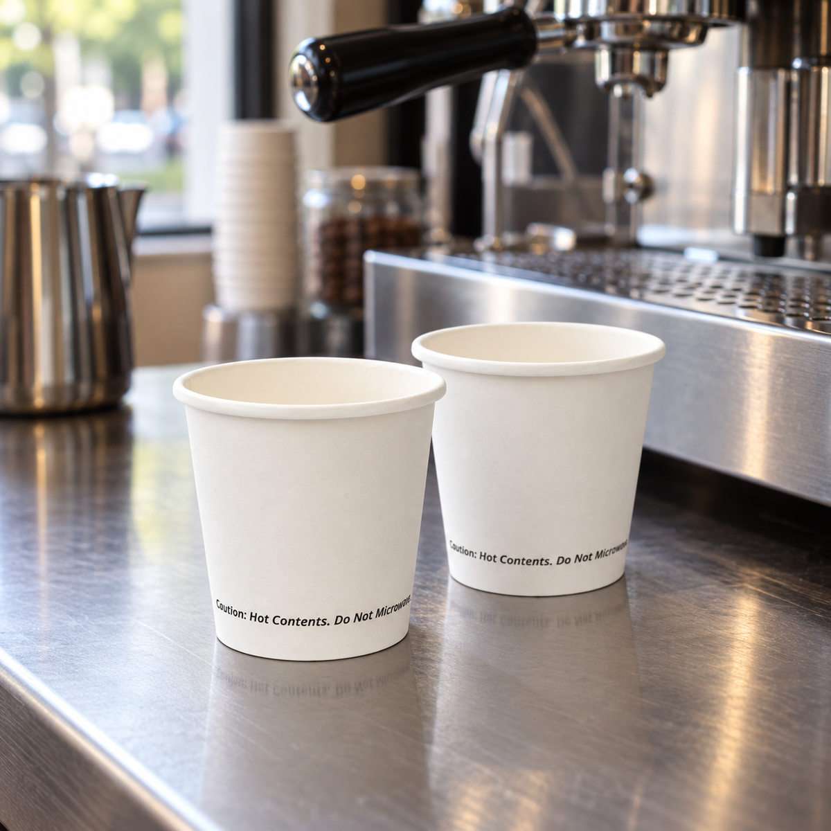 Jovials 4 oz white paper hot cups at a café espresso counter