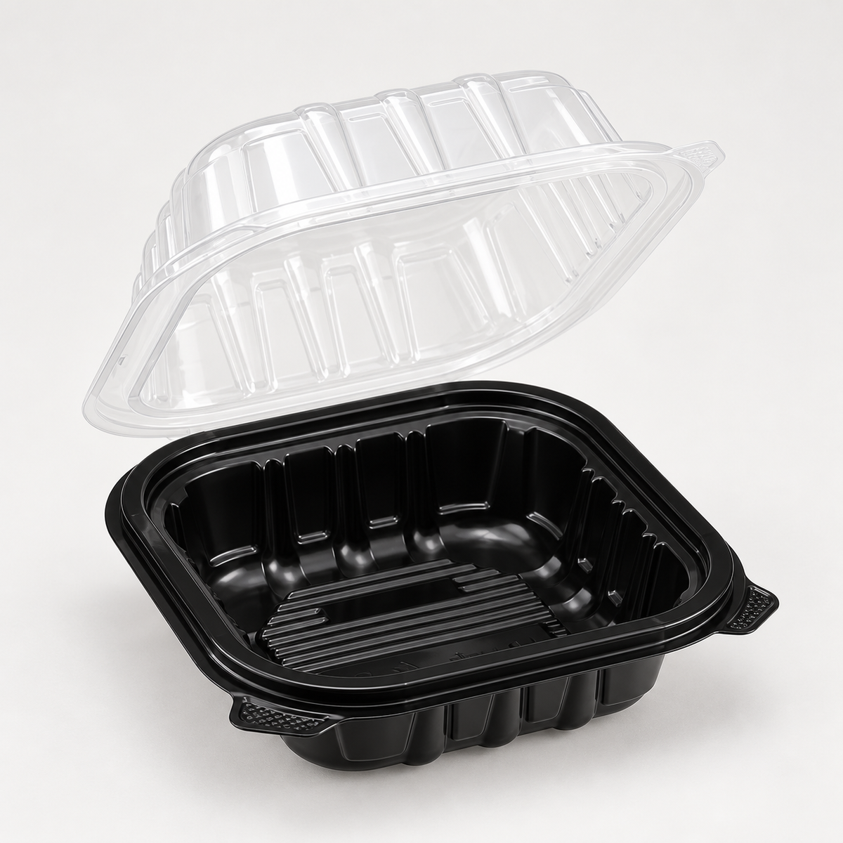 Karat 6 x 6 x 3 inch black PP hinged container with its clear lid open, studio illustration of the 300-case product.