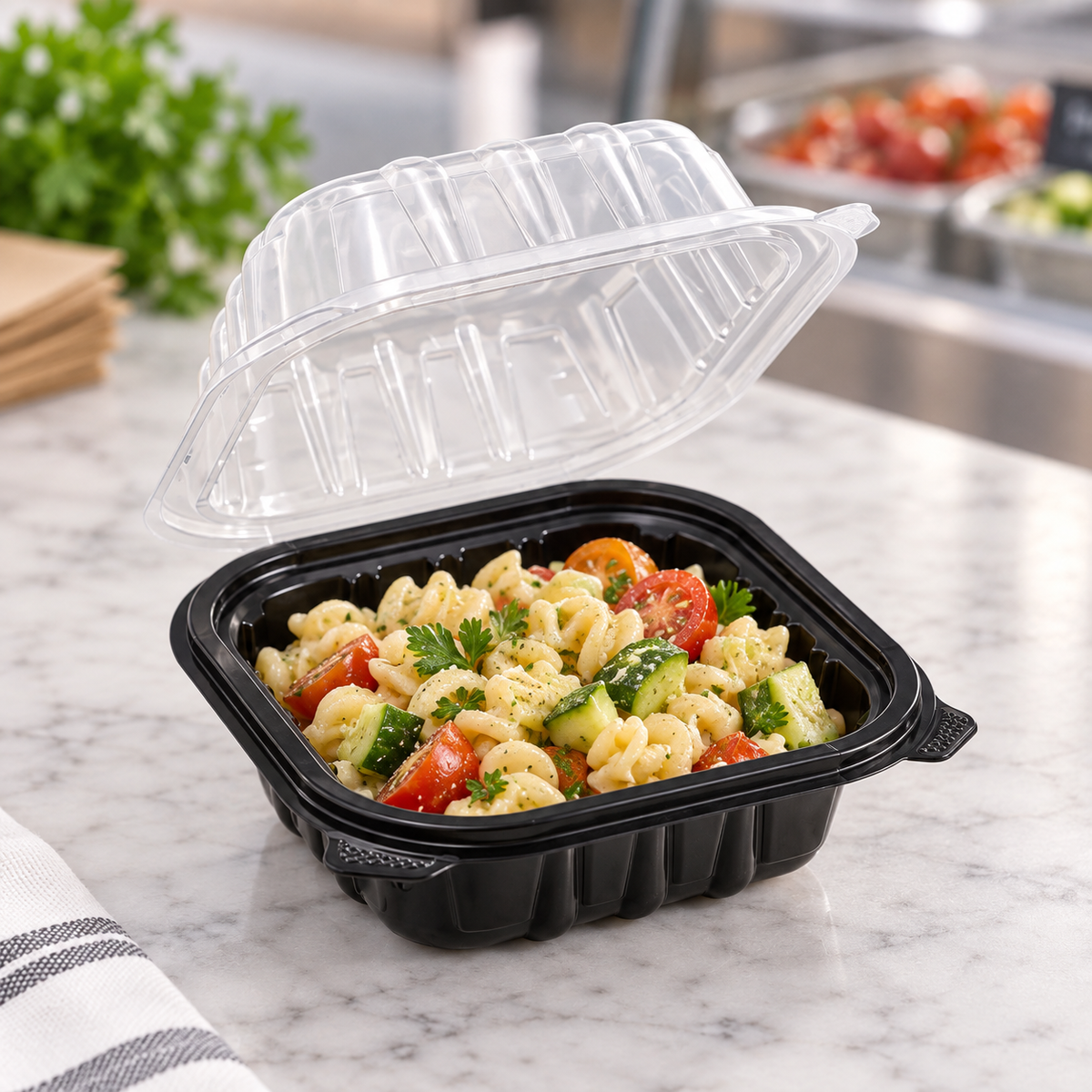 Serving illustration of pasta salad in a Karat 6 x 6 black-base clear-lid hinged container; food not included.