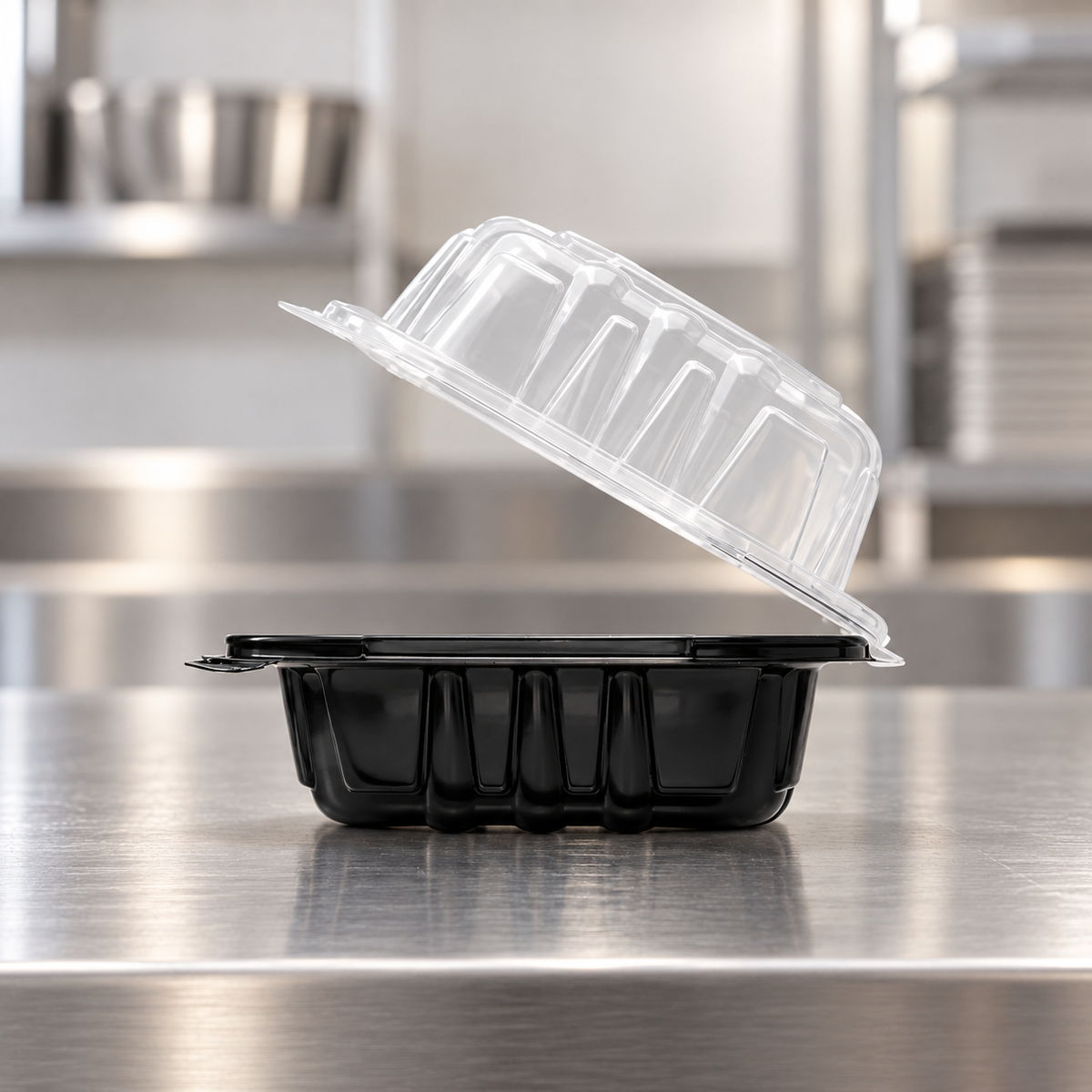 Karat FP-PHC66PP-1C open black and clear PP container in side profile on a foodservice packing counter.
