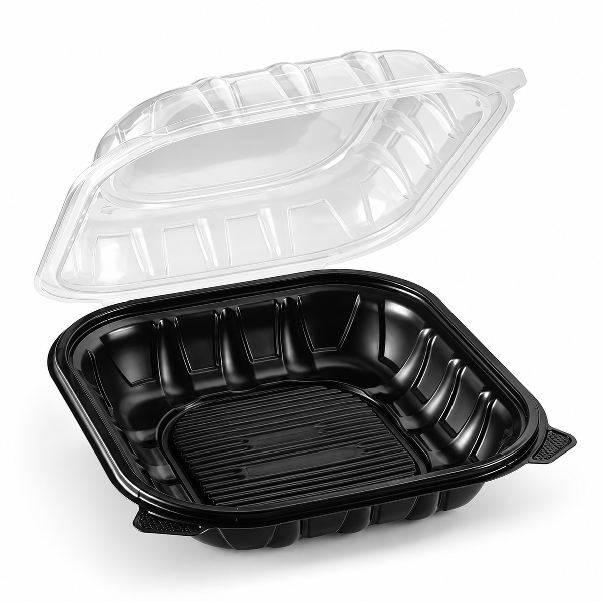 Karat 9x9 black PP container with its clear hinged lid open on a white studio background