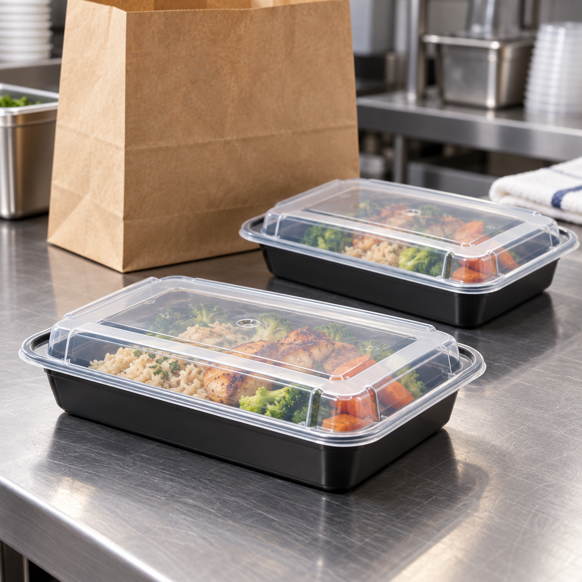 Karat IM-FC1028B 28 oz black containers with clear lids at a restaurant takeout packing station