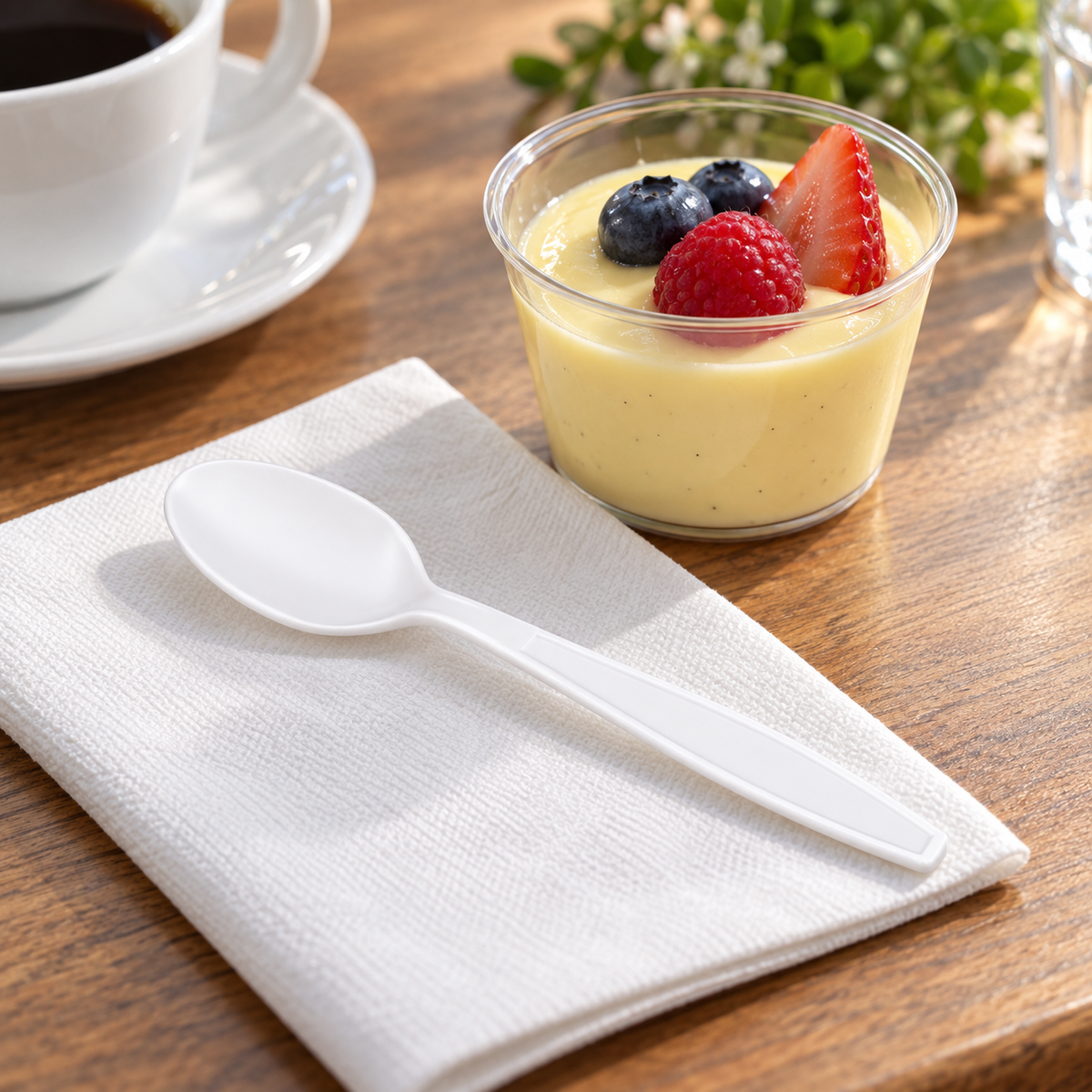 KARAT U2033W white teaspoon beside a dessert cup, AI-assisted serving scene