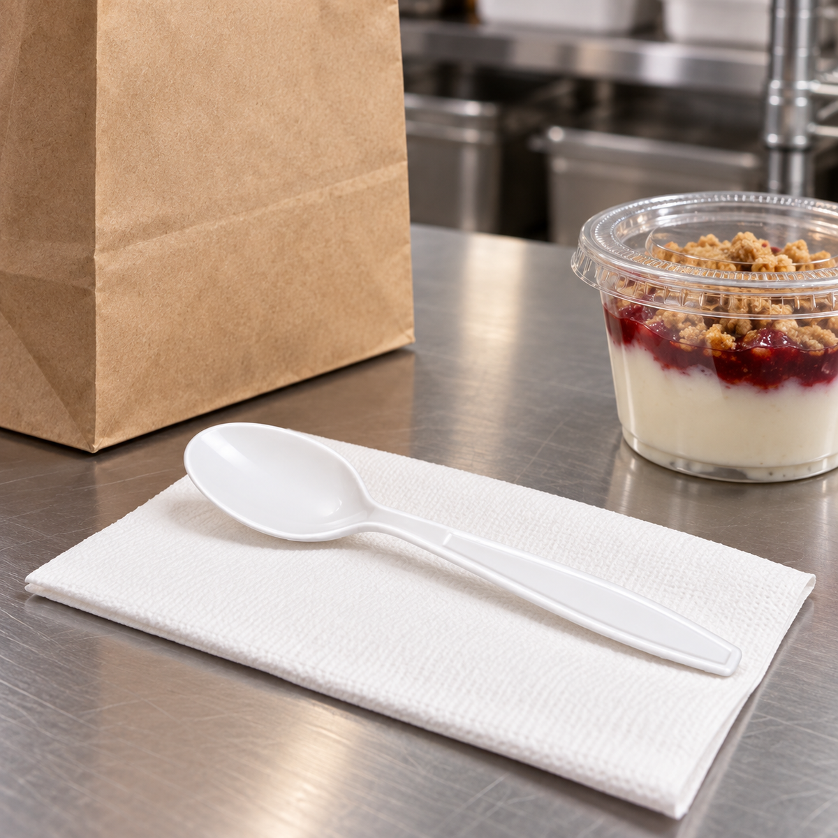 KARAT U2033W white teaspoon at a takeout packing station, AI-assisted context