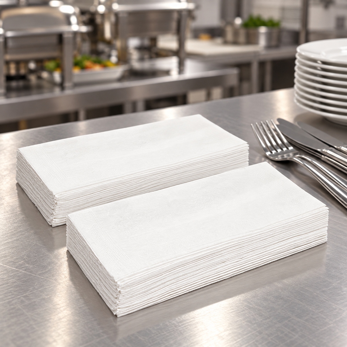 Morcon 3466 folded white dinner napkins at a catering station, AI-assisted context
