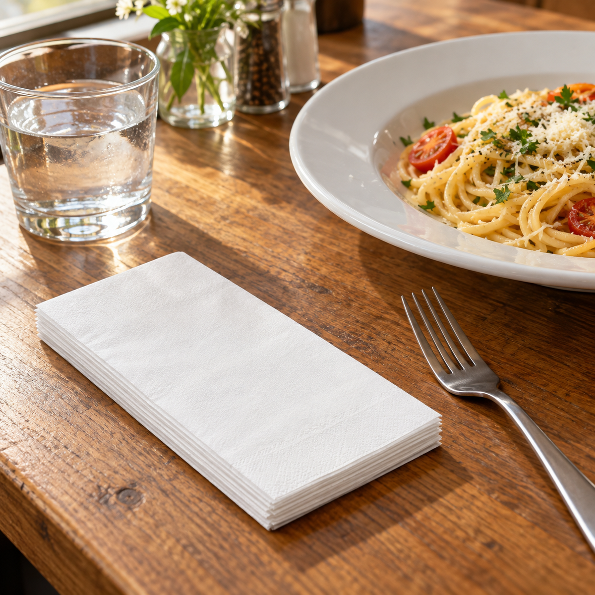 Morcon 3466 white dinner napkins beside a meal setting, AI-assisted context