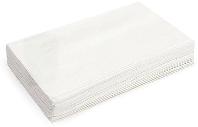 Morcon 3466 white 2-ply dinner napkins showing the unwrapped folded stack, 3,000 per case