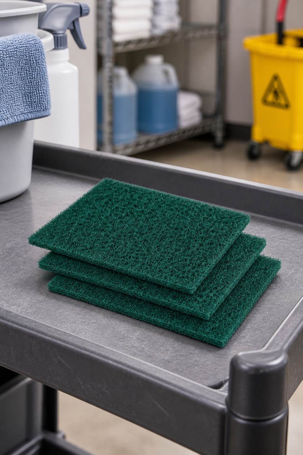 Performance Plus PGRE96 green scouring pads on a janitorial cart; AI-assisted illustration