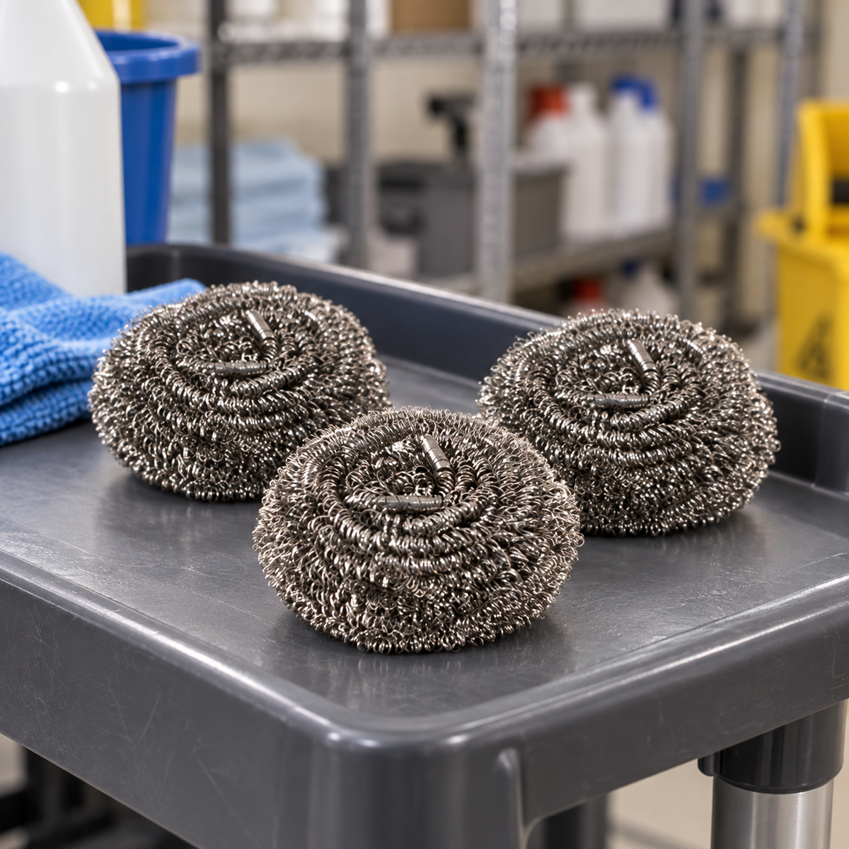 Performance Plus PPB43450 50g stainless steel scrubber, storage view; AI-assisted illustration