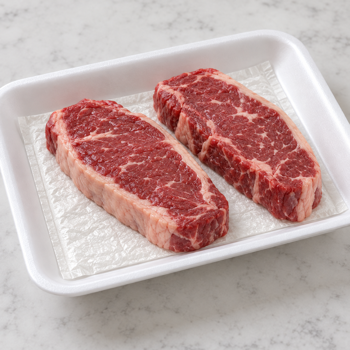 White Prime Source absorbent pad beneath two steaks in an illustrative meat tray