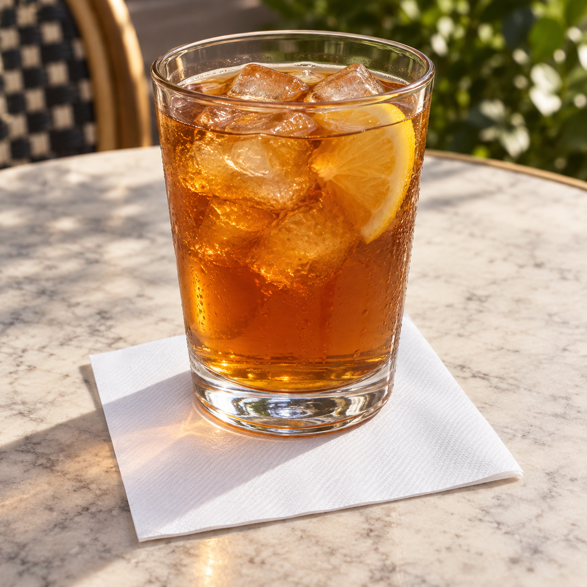 AI-assisted beverage service scene with Right Choice white napkin beneath iced tea; glass not included