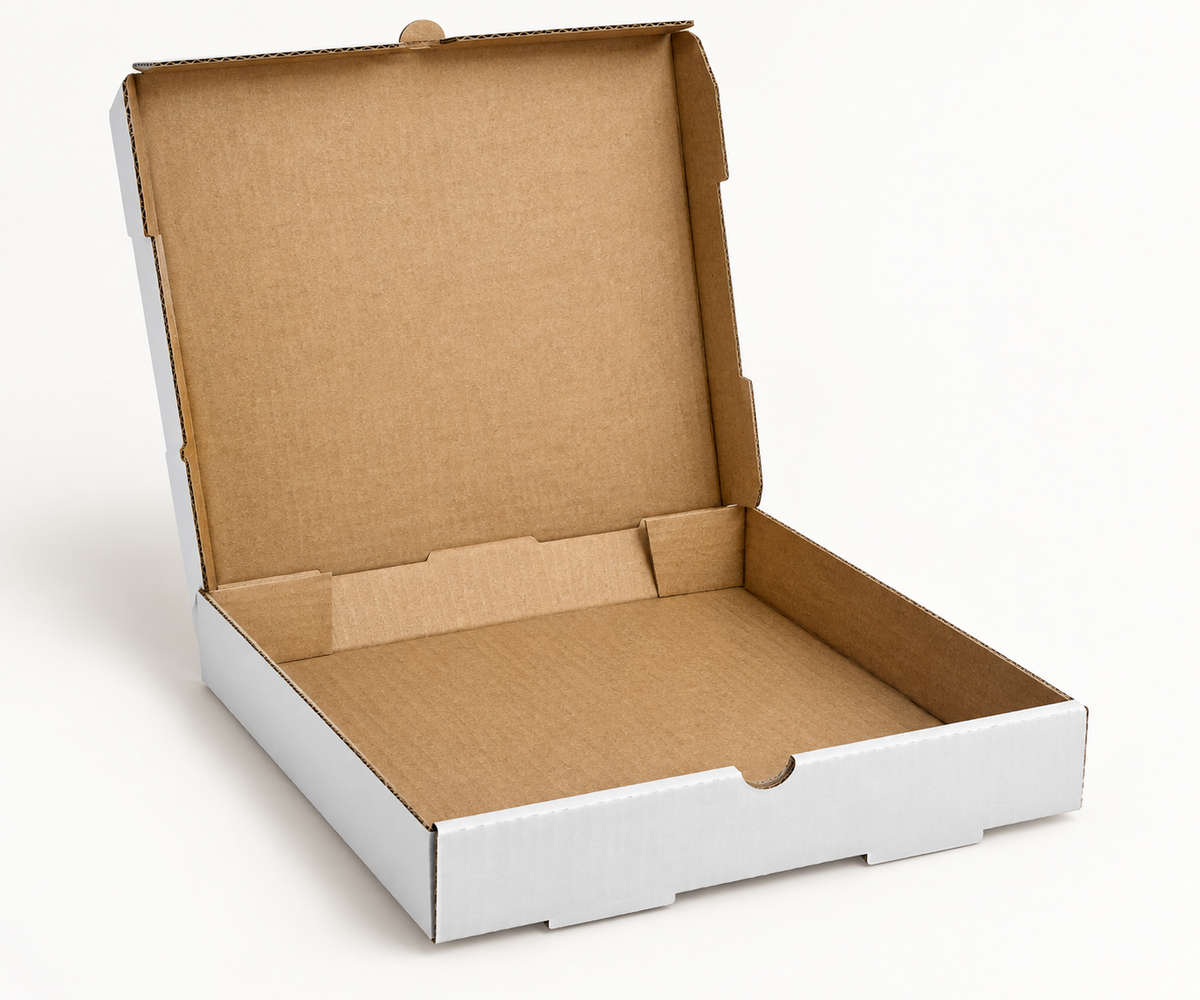 RiteBox PB1010 10 inch pizza box showing white exterior and open kraft interior; AI-assisted view