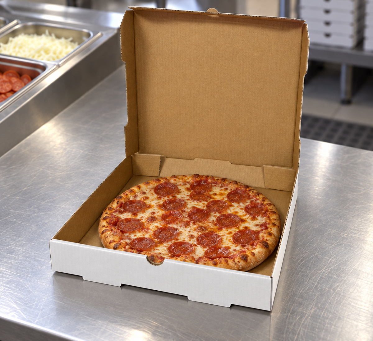RiteBox PB1010 white 10 inch pizza box holding a small pizza on a prep counter; AI-assisted use example, food not included