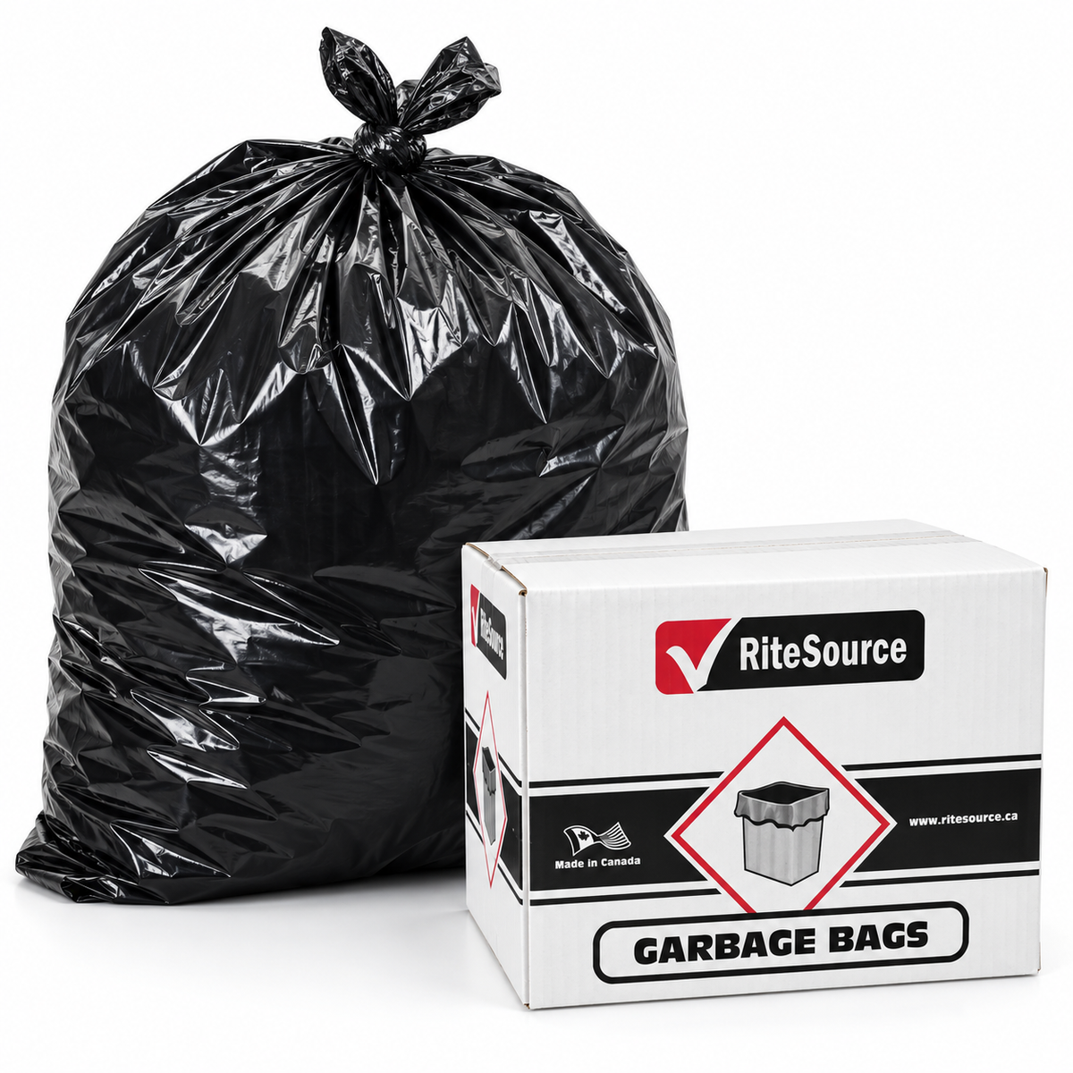 RiteSource RS4248XB 42 x 48 black X-Strong can liners, 100-count case, shown with a tied bag.