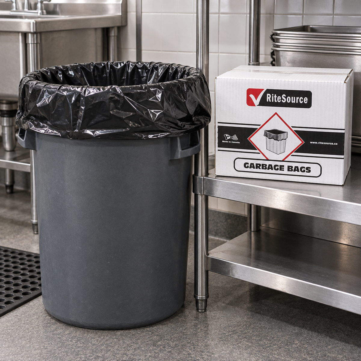 RiteSource RS4248XB black liner in a gray commercial waste can beside its carton in a restaurant utility area.
