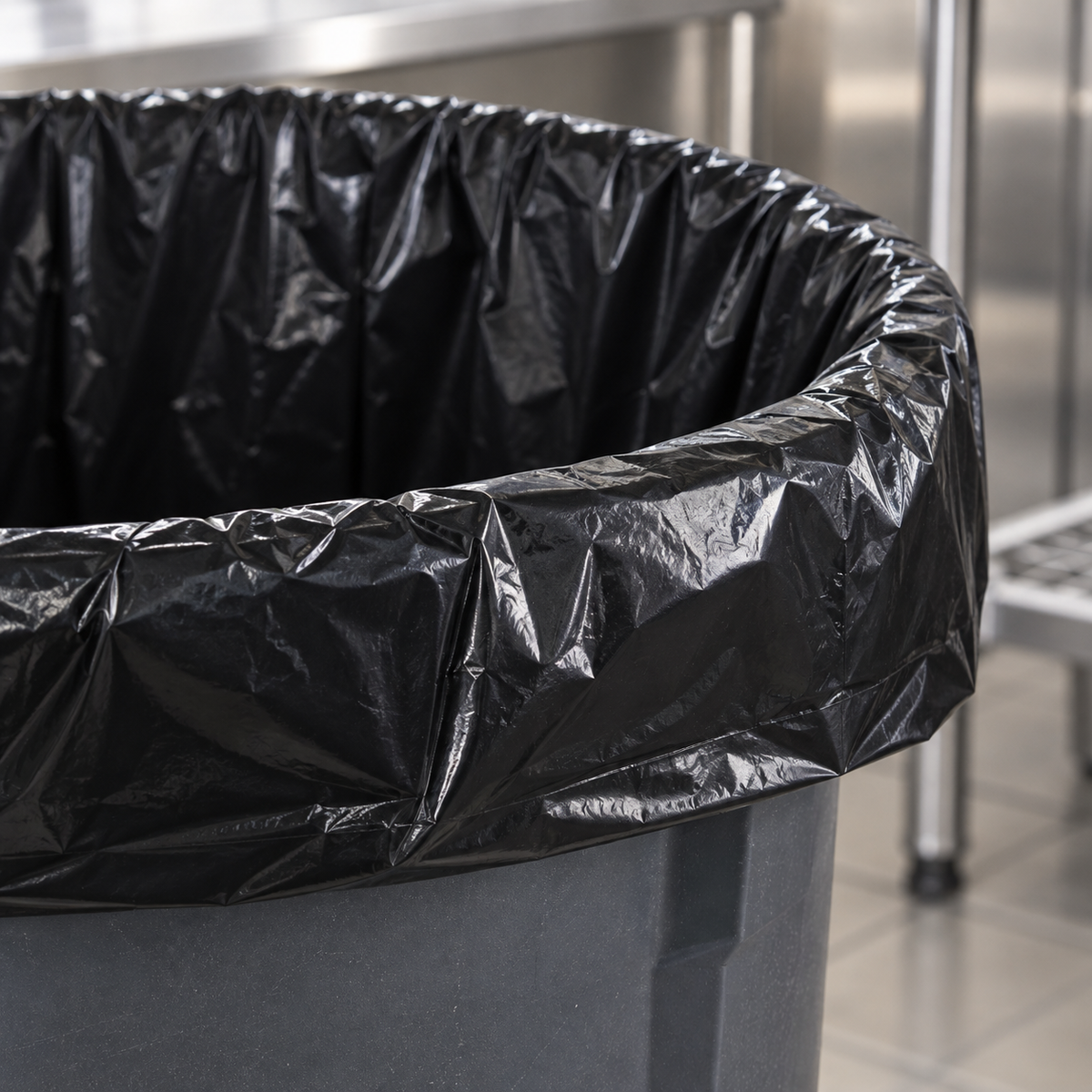 Close-up of a RiteSource RS4248XB black can liner folded over the rim of a gray commercial waste can.