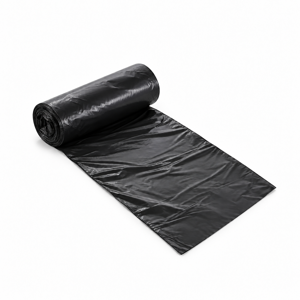 RiteSource RS4248XB black can liners shown on a roll with a partially unrolled liner.