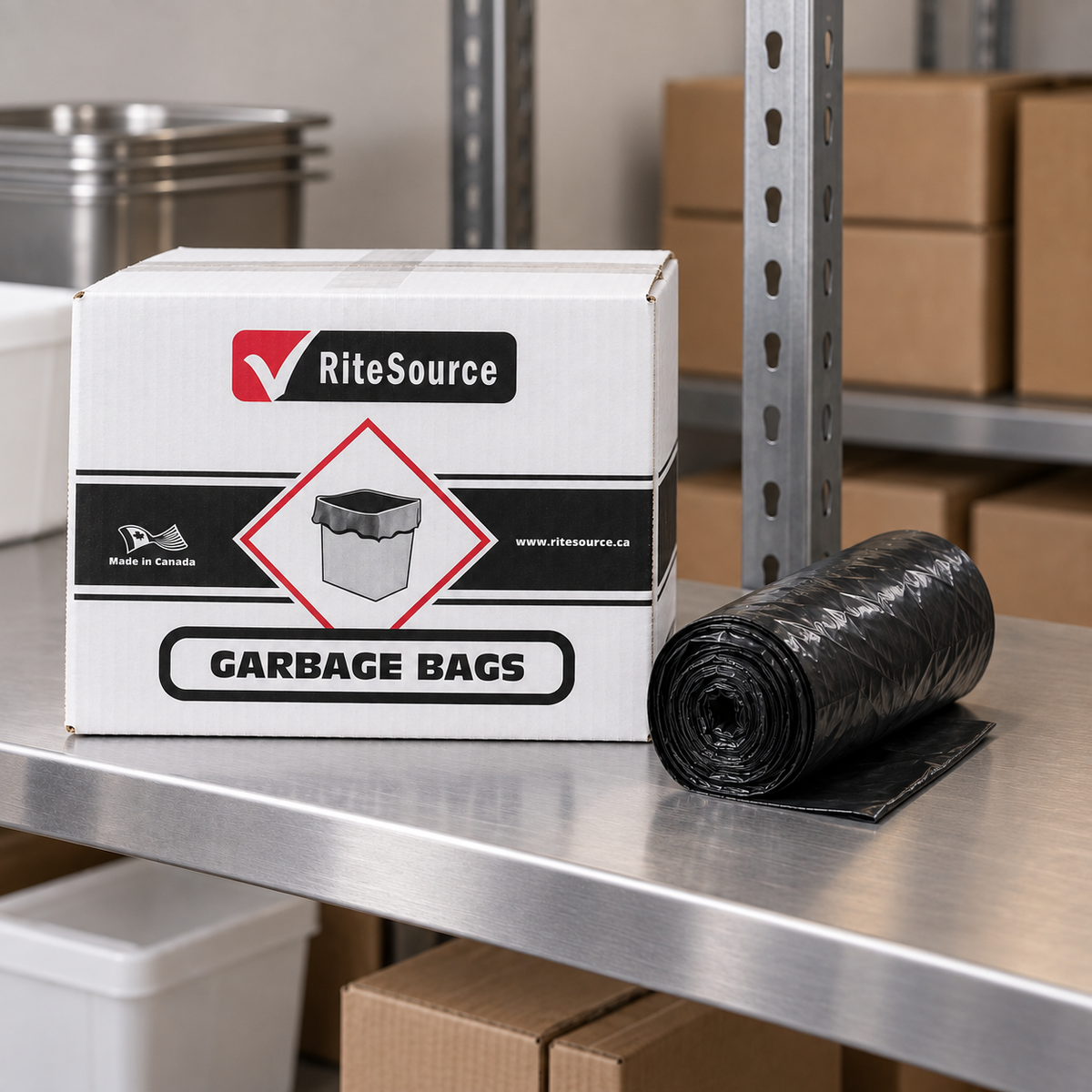 RiteSource RS4248XB can-liner carton and black liner roll on a stainless steel supply shelf.