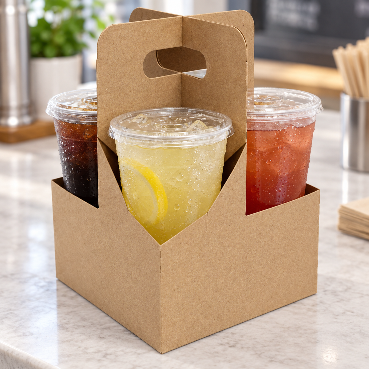Sabert 29530 jumbo kraft drink carrier holding four iced drinks on a cafe counter; cups not included.