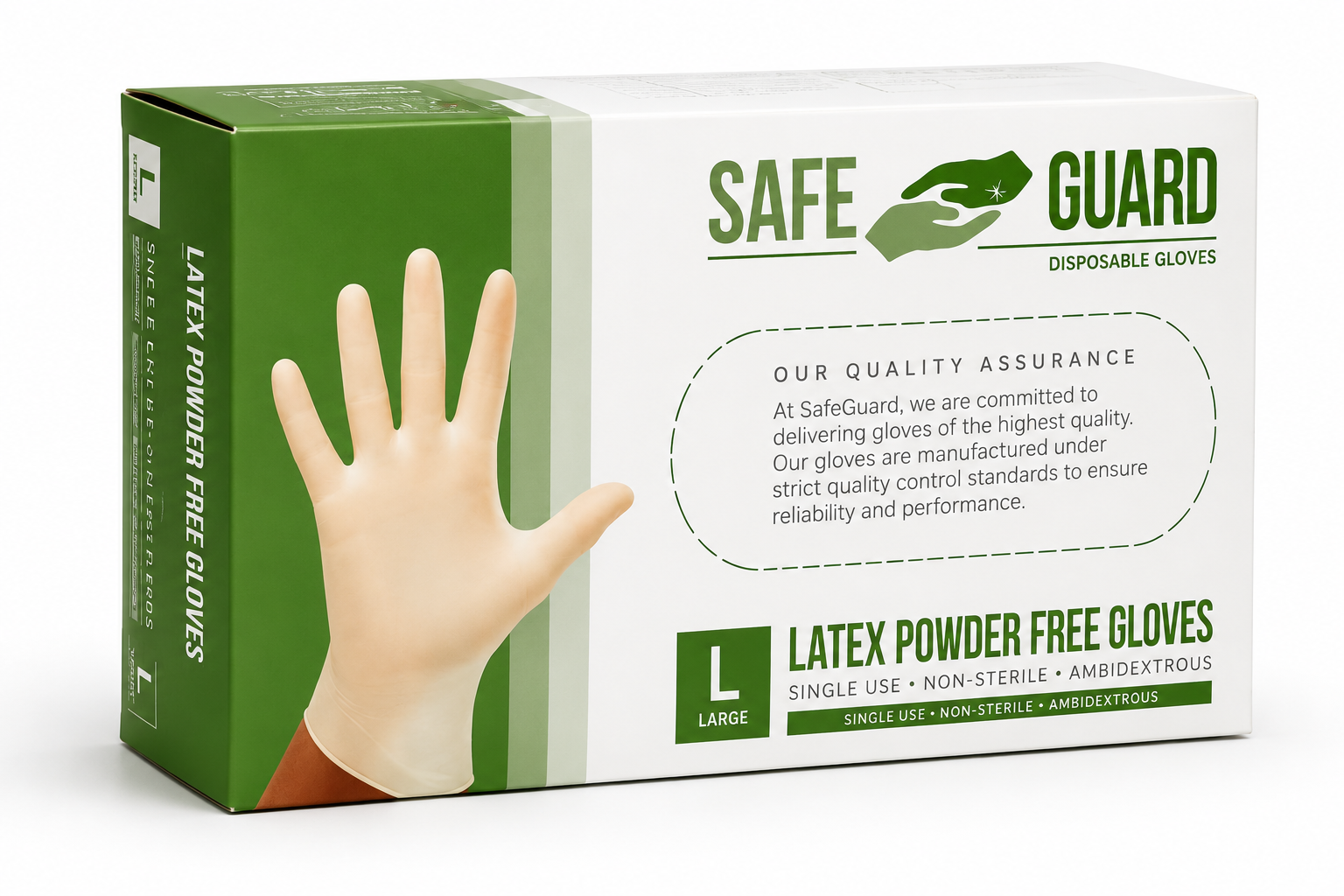 Safe Guard LGPPFG latex powder-free disposable gloves box showing single-use non-sterile ambidextrous labeling