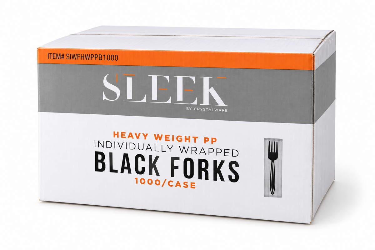 Sleek SIWFHWPPB1000 individually wrapped black polypropylene forks carton, 1,000 per case