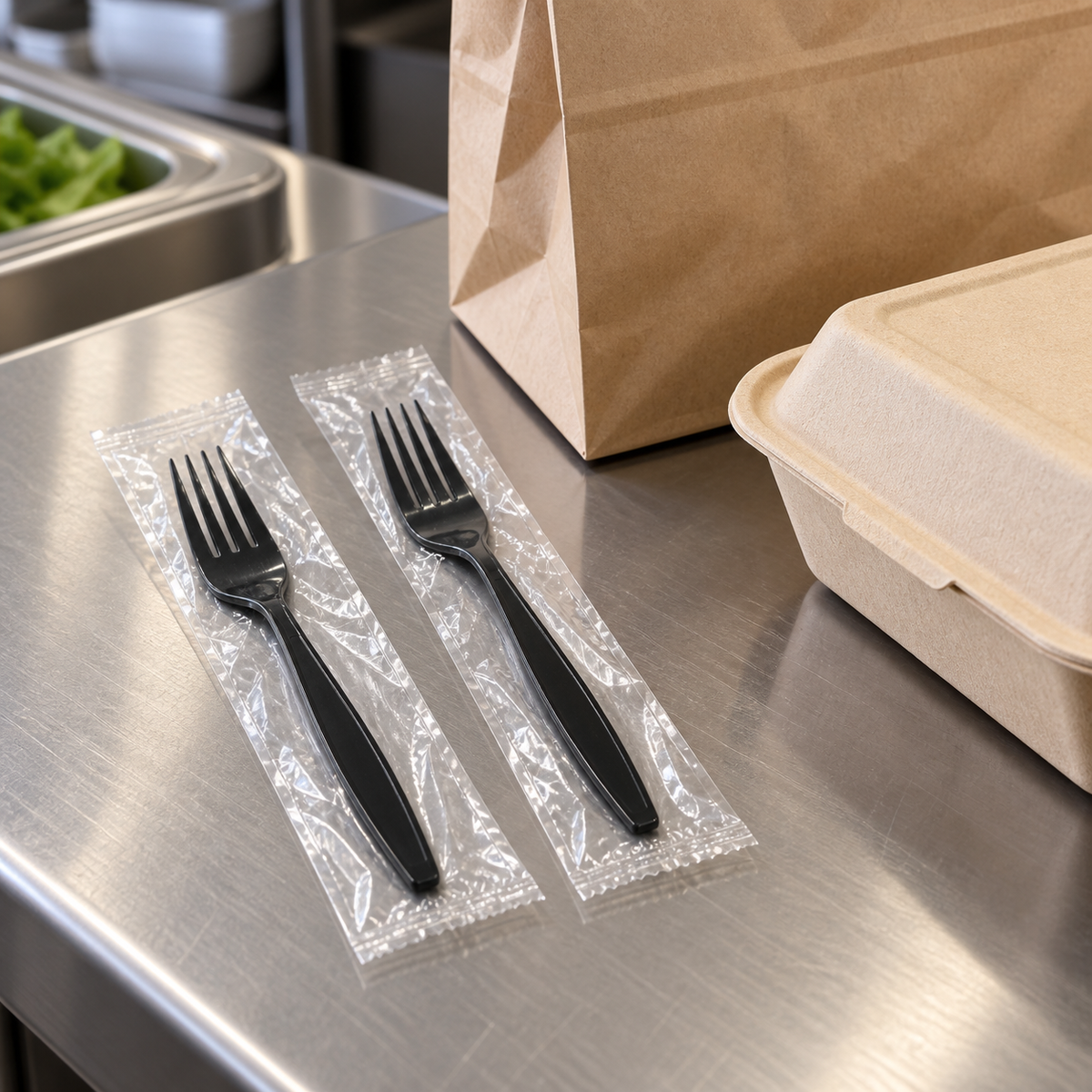Sleek individually wrapped black PP forks at a restaurant takeout packing counter