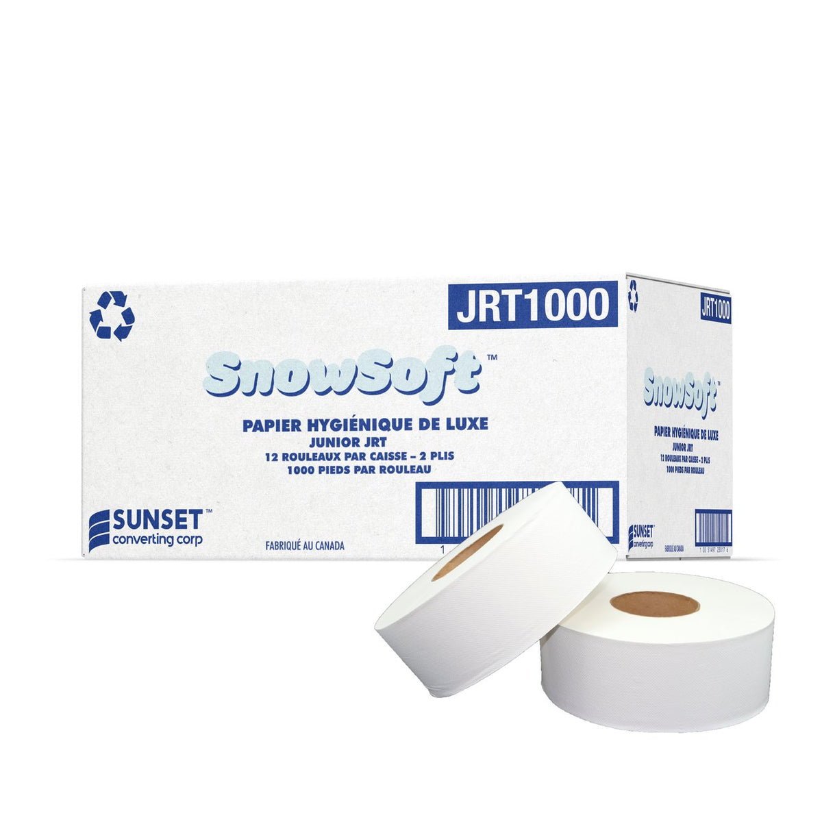 SnowSoft JRT1000 jumbo tissue rolls with French-language carton, 12 rolls per case